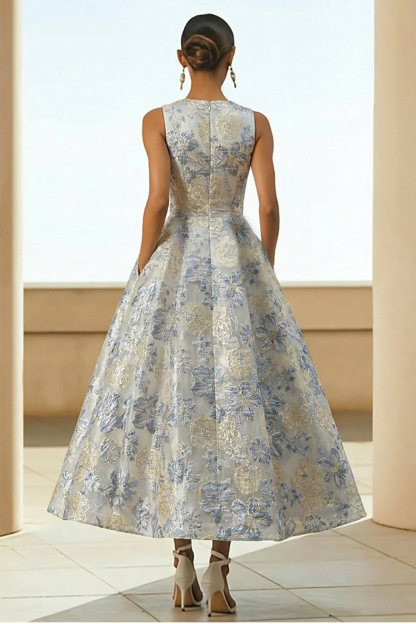 Floral Dusty Blue Jacquard A Line Long Wedding Guest Dress
