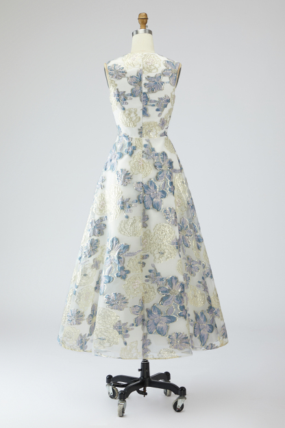 Floral Dusty Blue Jacquard A Line Long Wedding Guest Dress