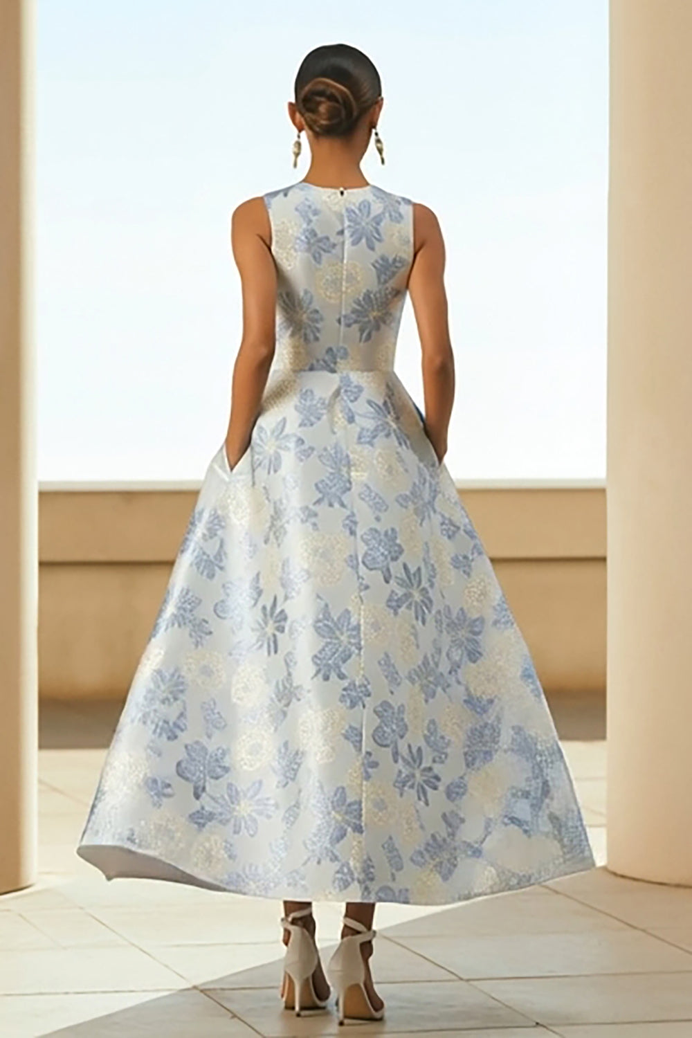 Floral Dusty Blue Jacquard A Line Long Wedding Guest Dress