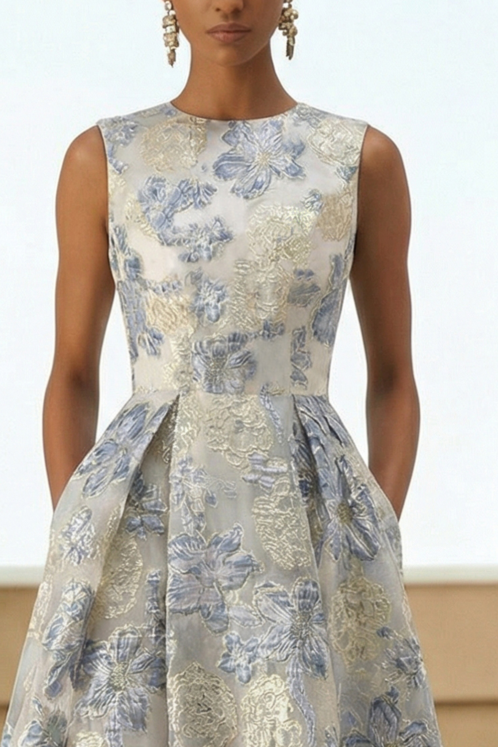 Floral Dusty Blue Jacquard A Line Long Wedding Guest Dress