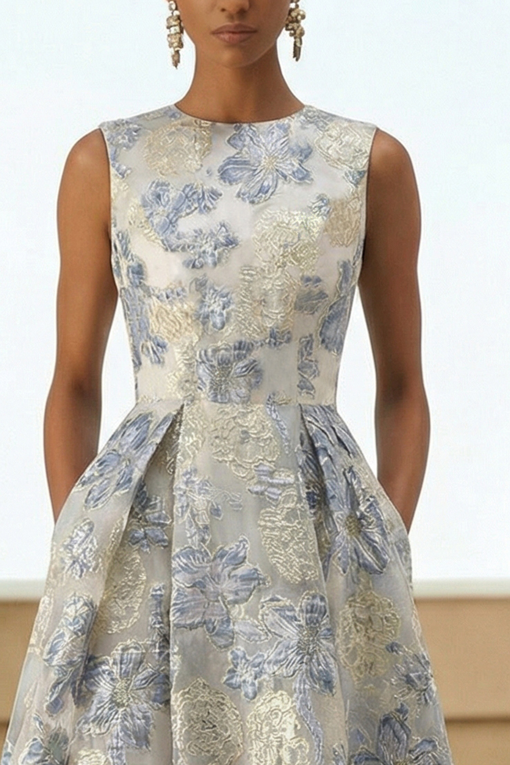 Floral Dusty Blue Jacquard A Line Long Wedding Guest Dress