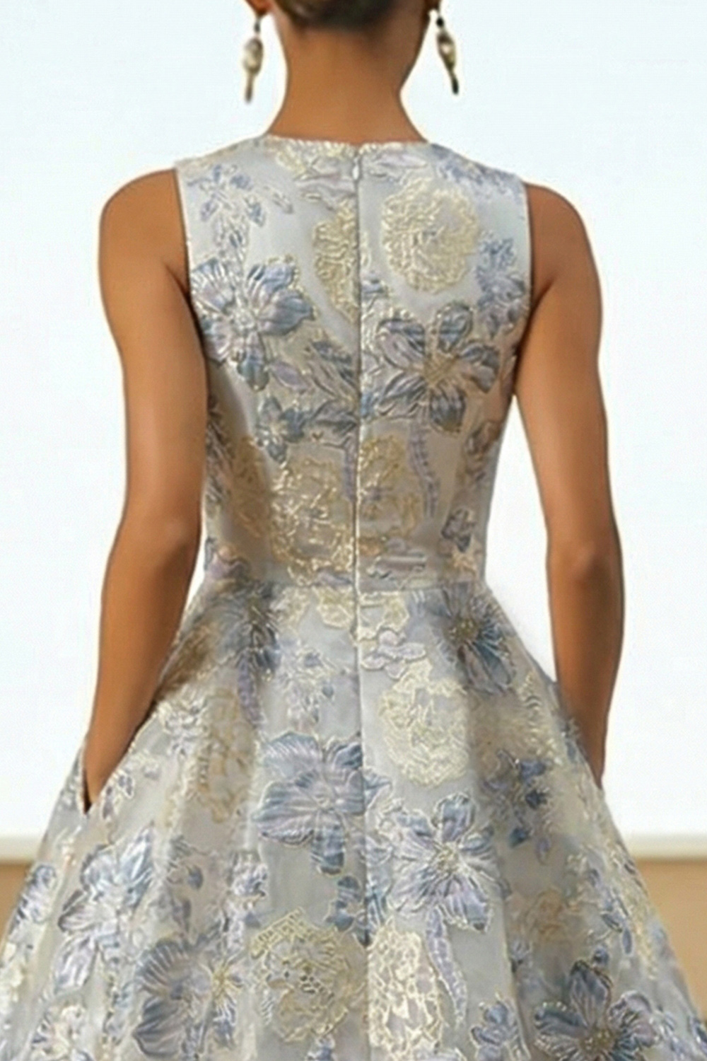 Floral Dusty Blue Jacquard A Line Long Wedding Guest Dress