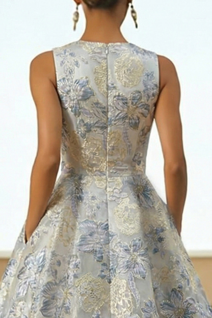 Floral Dusty Blue Jacquard A Line Long Wedding Guest Dress