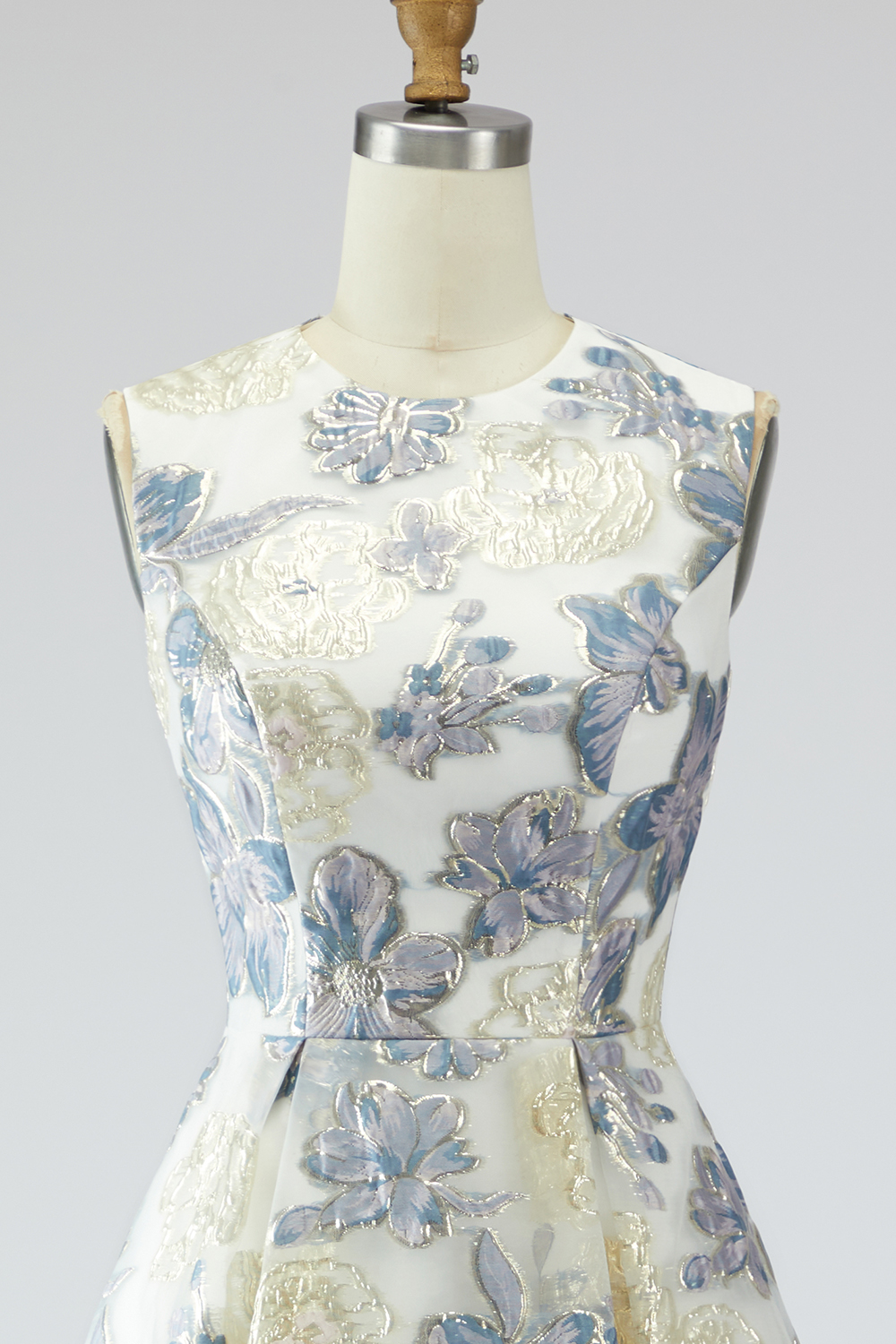 Floral Dusty Blue Jacquard A Line Long Wedding Guest Dress