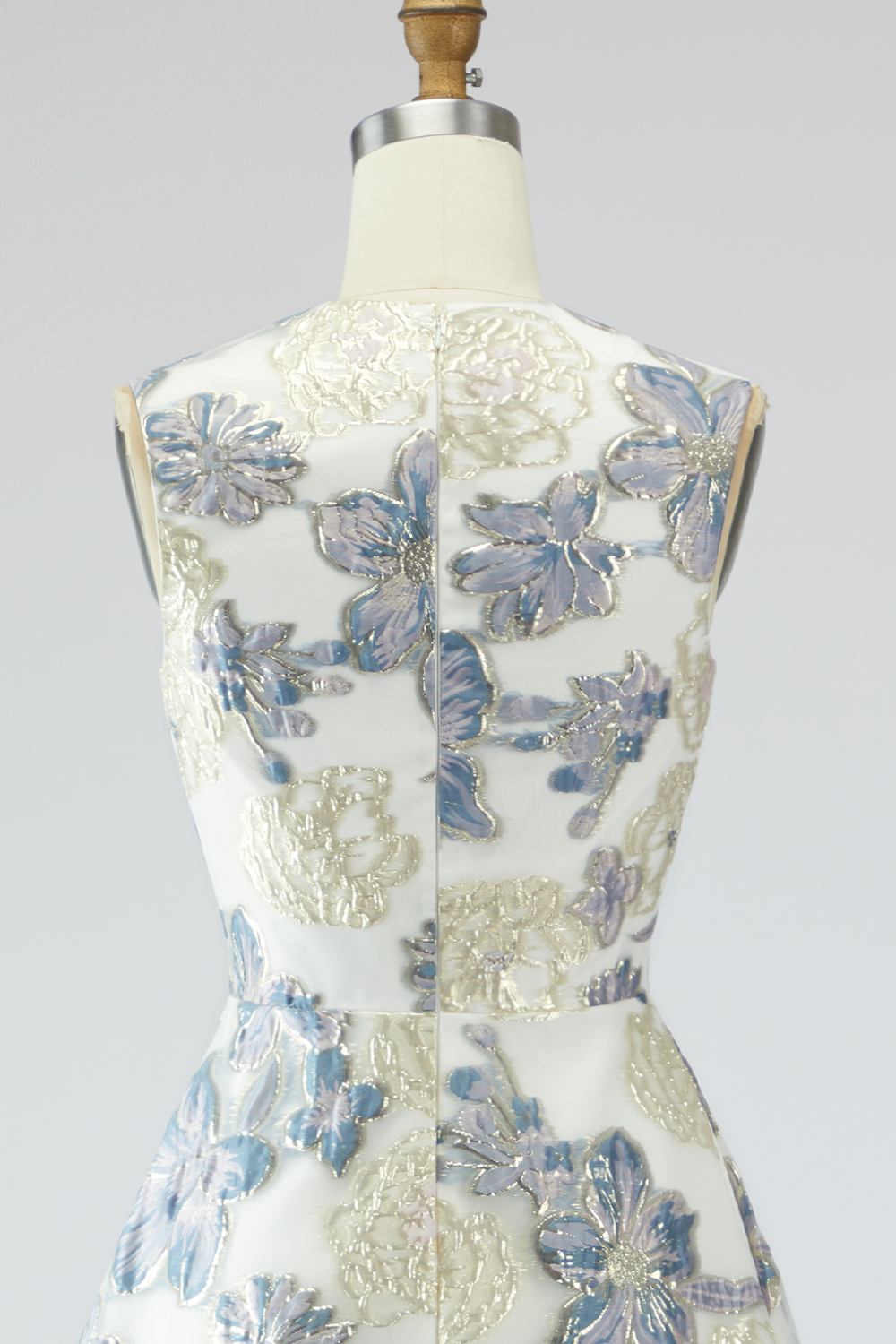 Floral Dusty Blue Jacquard A Line Long Wedding Guest Dress