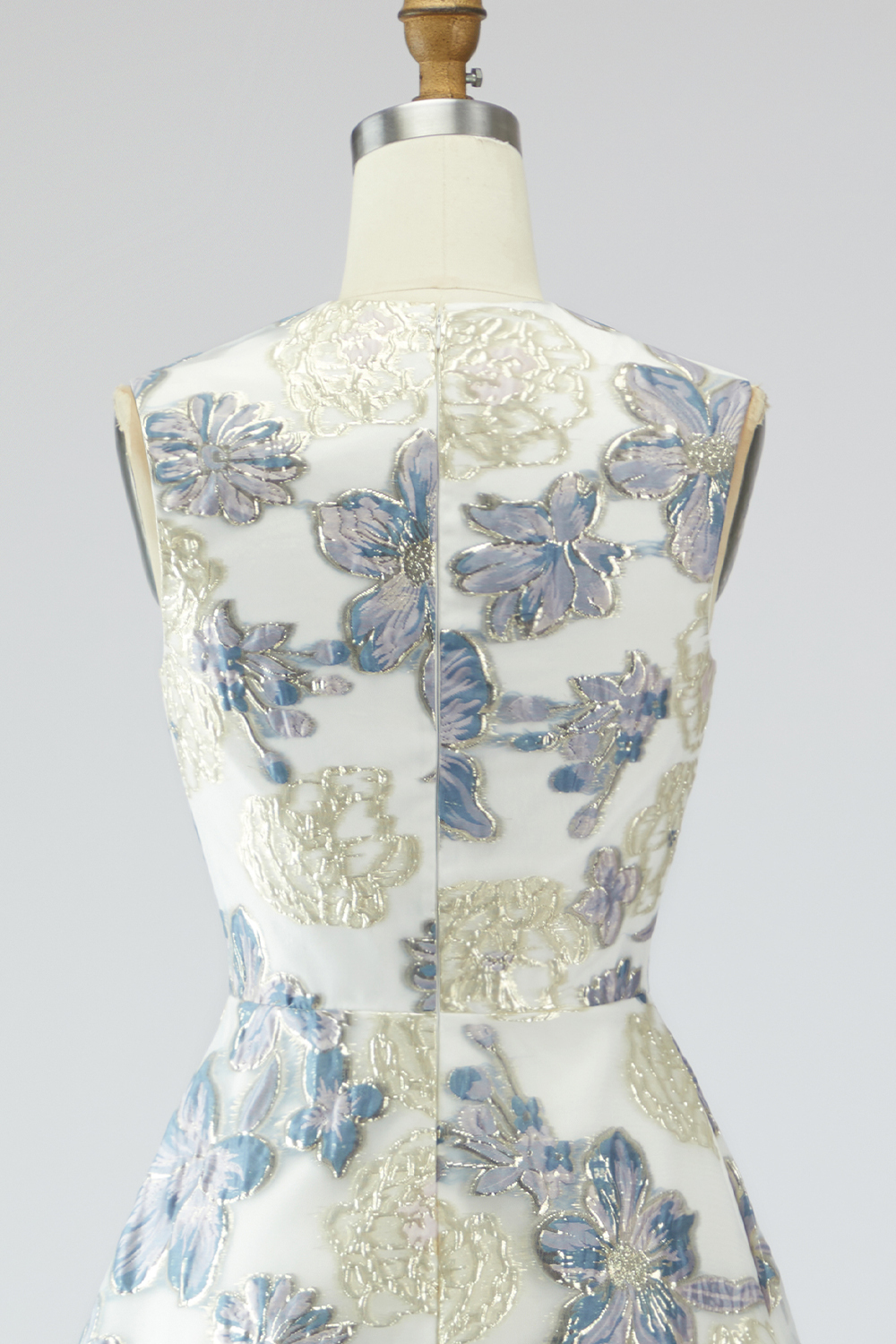 Floral Dusty Blue Jacquard A Line Long Wedding Guest Dress