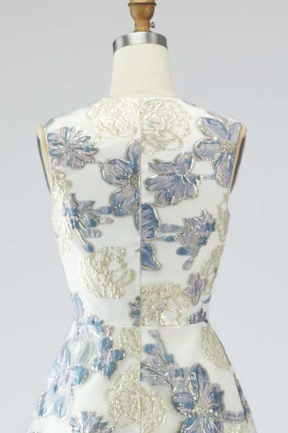 Floral Dusty Blue Jacquard A Line Long Wedding Guest Dress