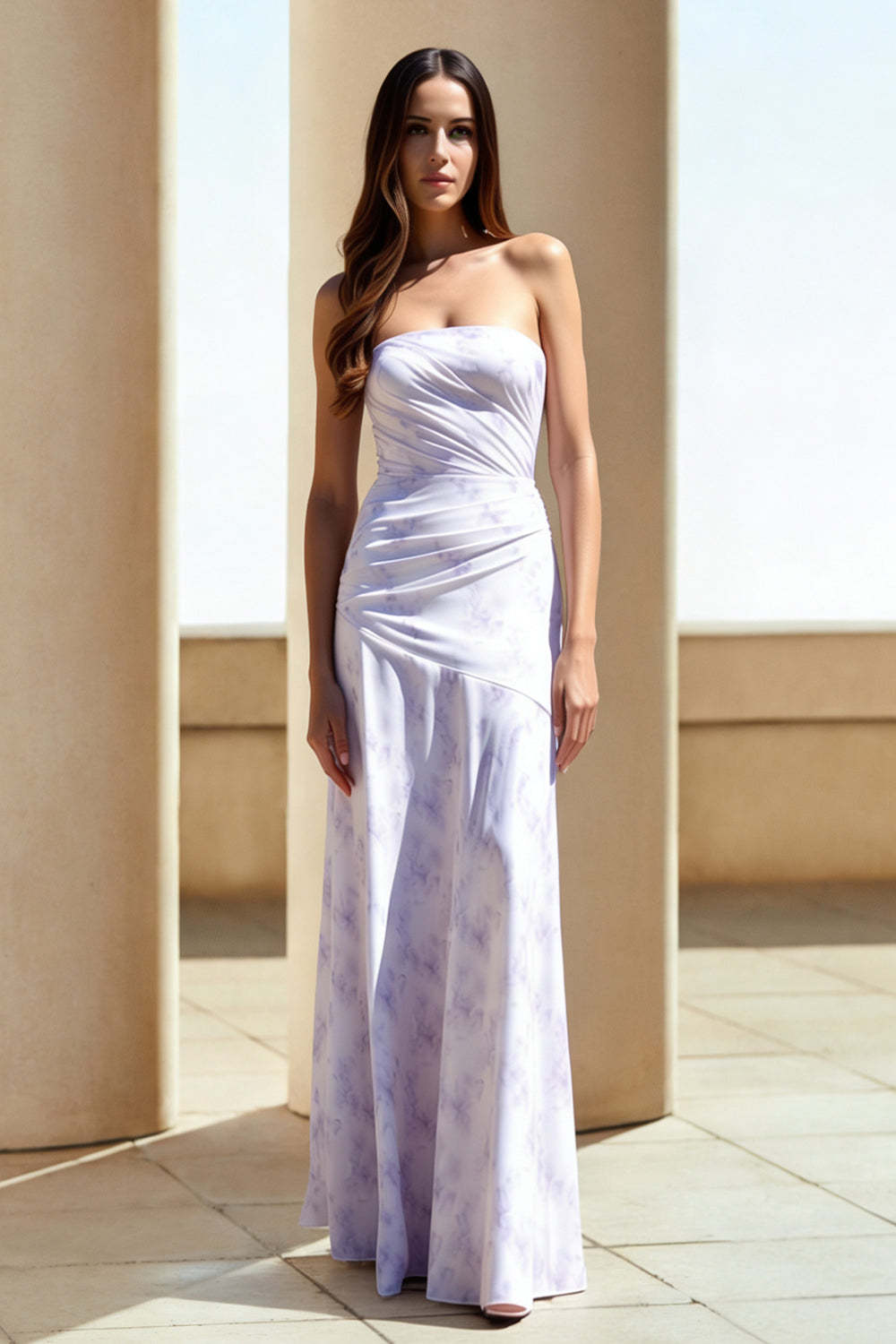 Leely Women Floral Lilac Chiffon Maxi Wedding Guest Dress Strapless Sheath Ruched Bridesmaid Dress