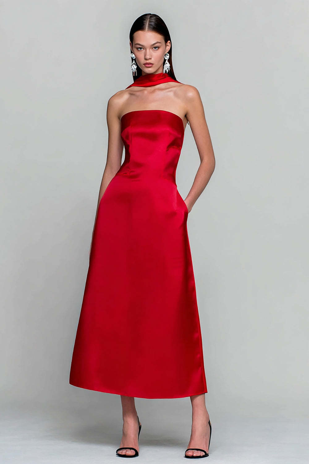 Leely Women Red Satin Maxi Wedding Guest Dress Strapless Neck Scarf Sheath Bridesmaid Dress
