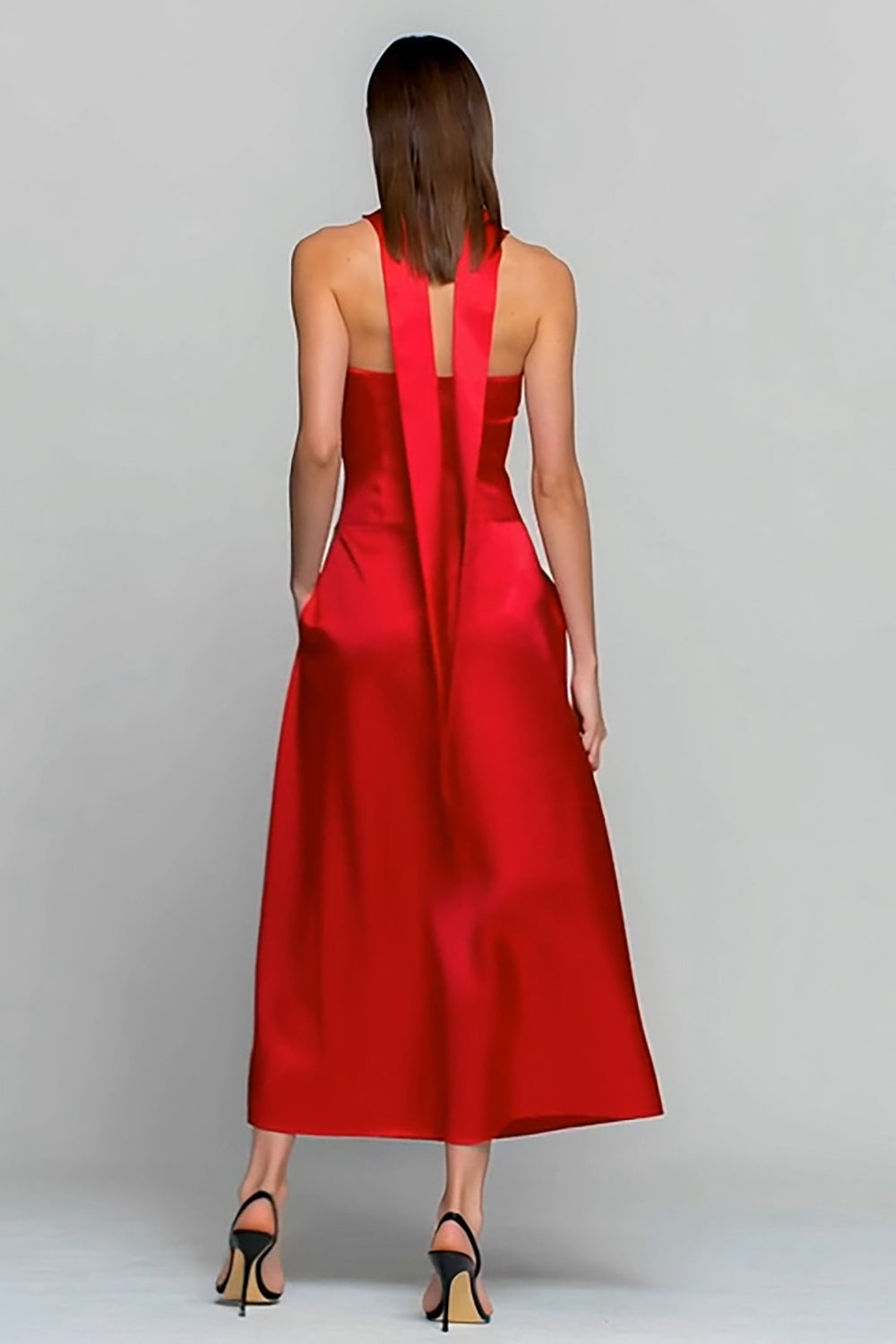 Red Satin Neck Scarf Strapless Long Wedding Guest Dress