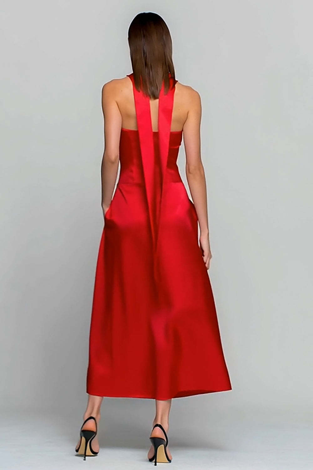 Red Satin Neck Scarf Strapless Long Wedding Guest Dress