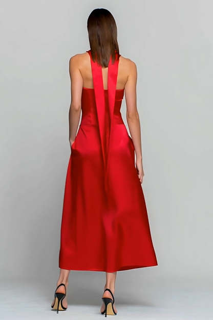 Red Satin Neck Scarf Strapless Long Wedding Guest Dress
