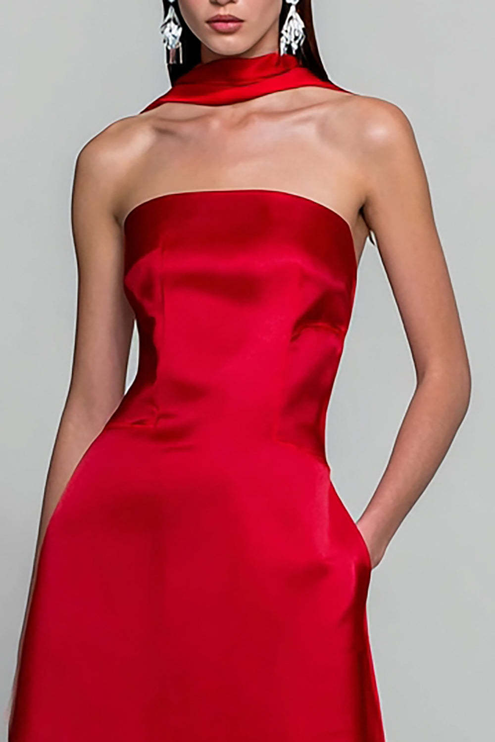 Red Satin Neck Scarf Strapless Long Wedding Guest Dress