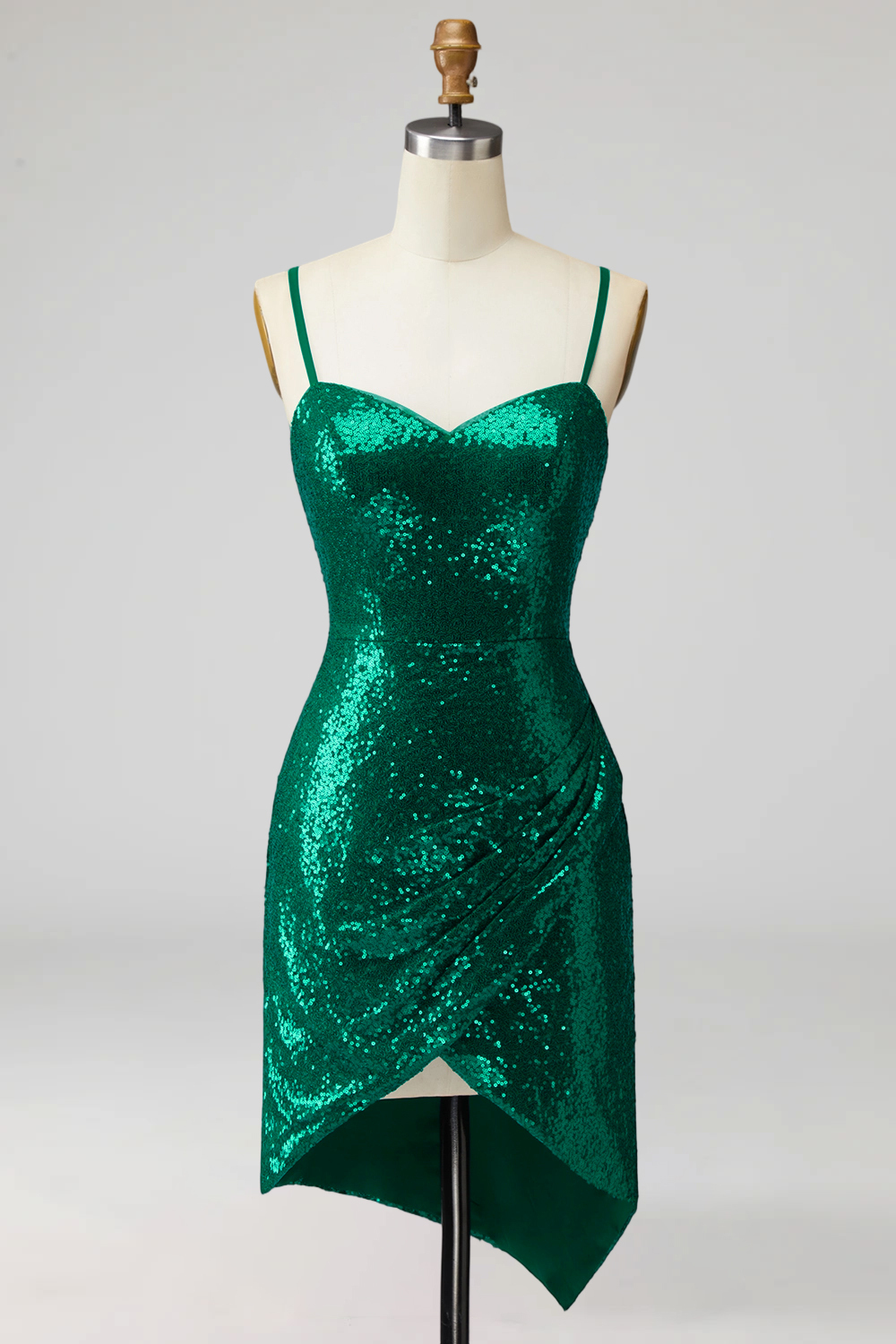 Sparkly Dark Green Spaghetti Straps Sequin Short Cocktail Dress