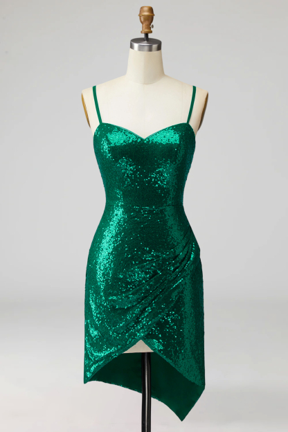 Sparkly Dark Green Spaghetti Straps Sequin Short Cocktail Dress