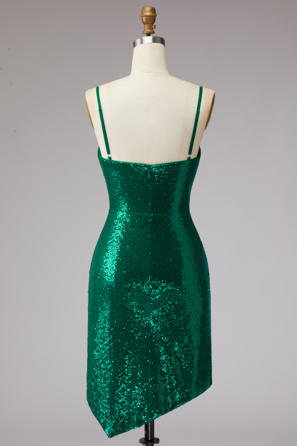 Sparkly Dark Green Spaghetti Straps Sequin Short Cocktail Dress