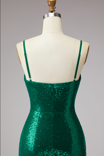 Sparkly Dark Green Spaghetti Straps Sequin Short Cocktail Dress