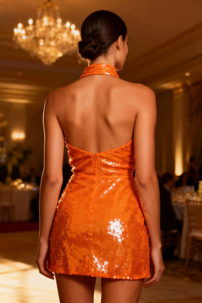 Sparkly Orange Bodycon Sequin Backless Short Cocktail Dress