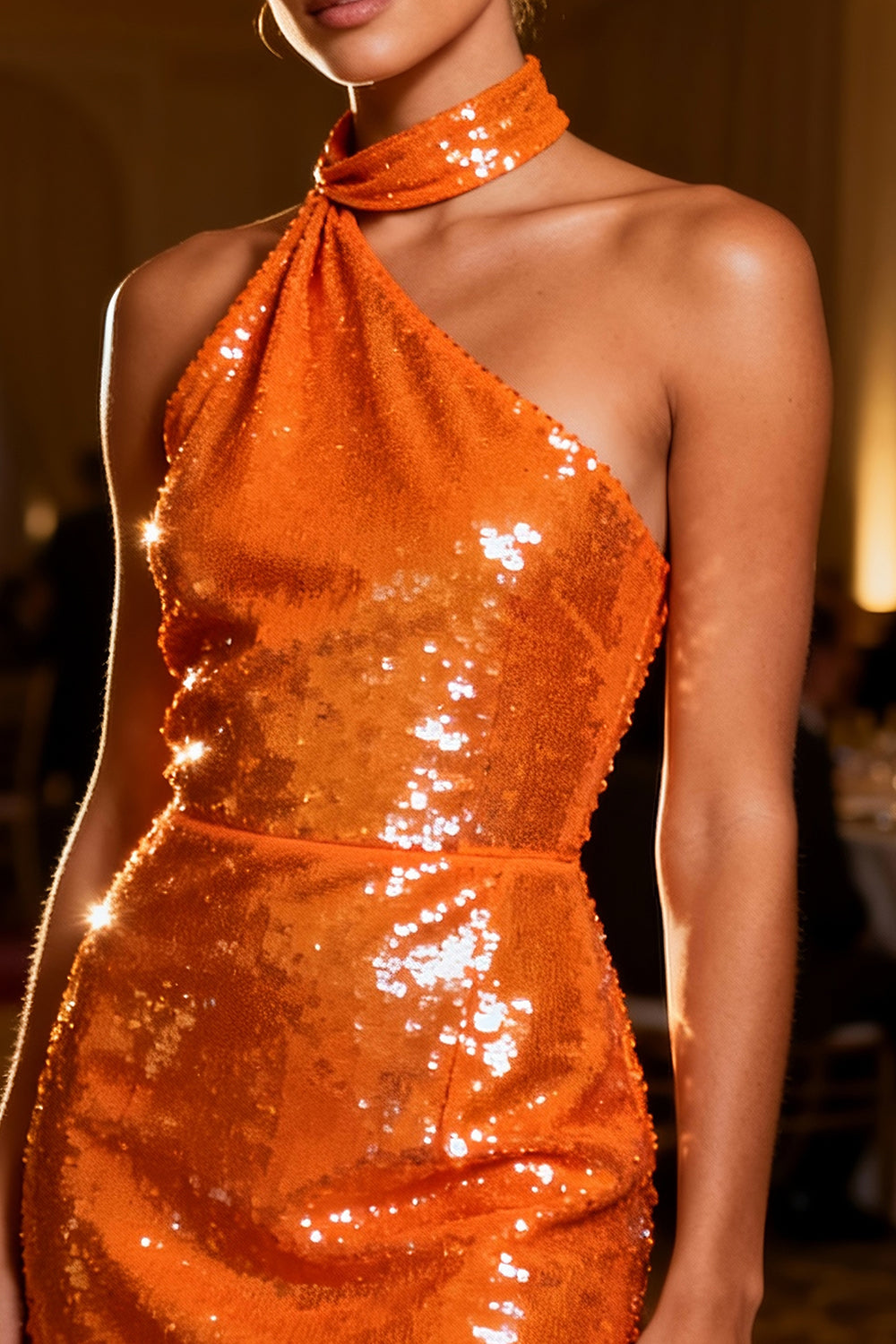 Sparkly Orange Bodycon Sequin Backless Short Cocktail Dress