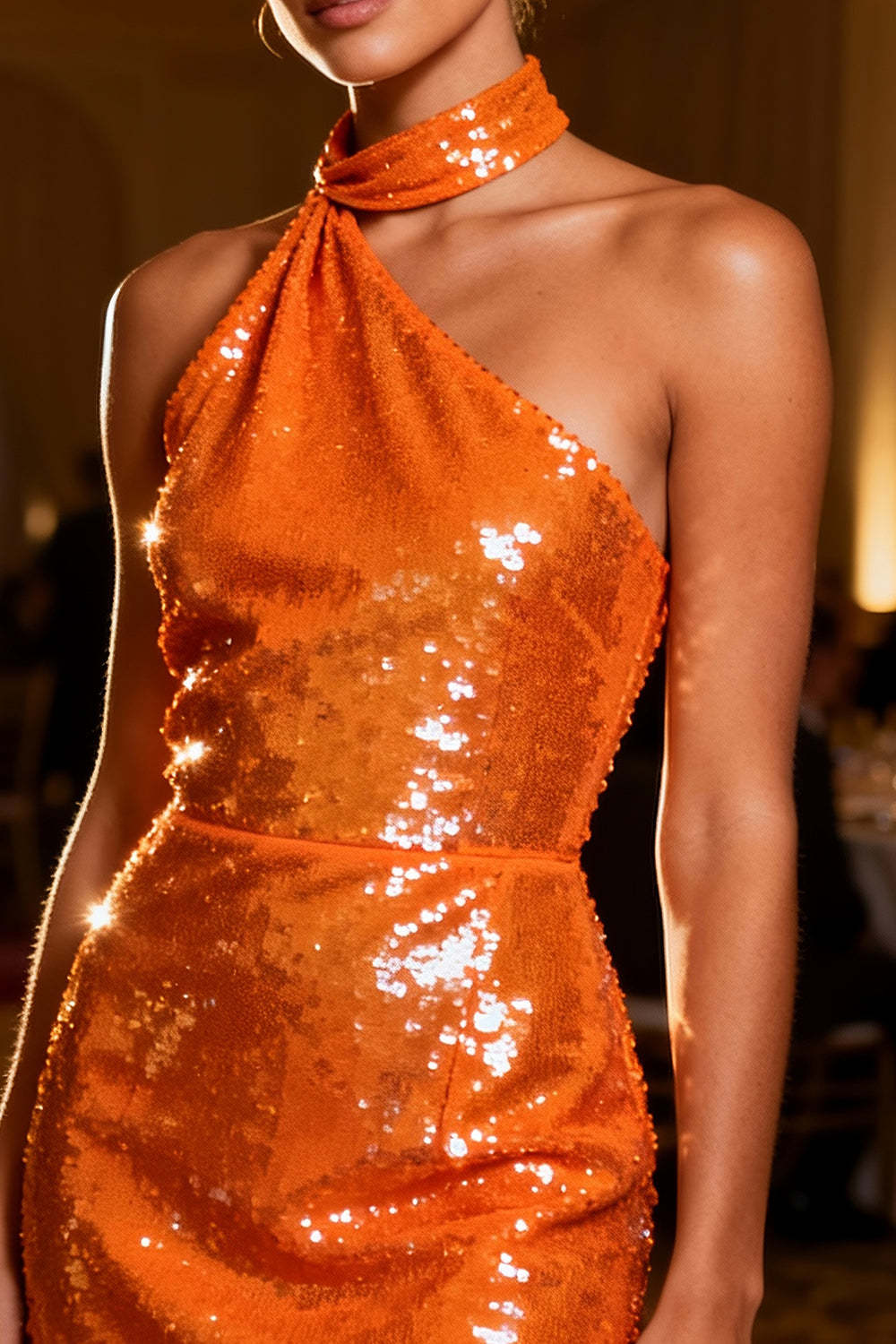Sparkly Orange Bodycon Sequin Backless Short Cocktail Dress