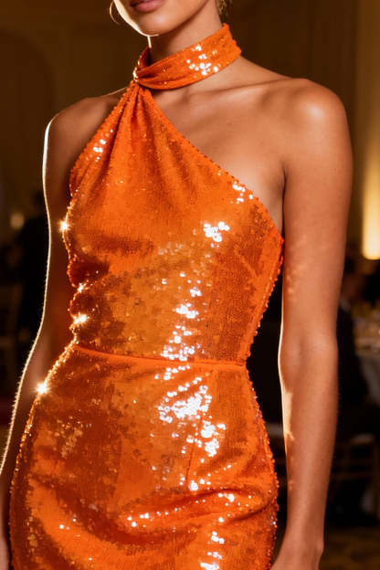 Sparkly Orange Bodycon Sequin Backless Short Cocktail Dress