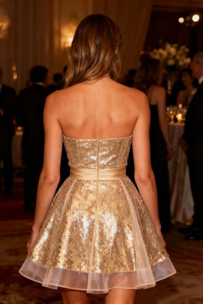 Sparkly Gold Sequin Strapless A-Line Short Cocktail Dress