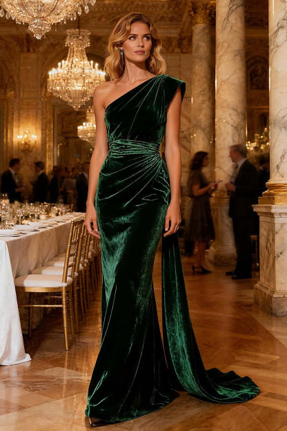 Leely Women Dark Green Velvet Maxi Holiday Party Dress with Cape Mermaid One Shoulder Formal Dress