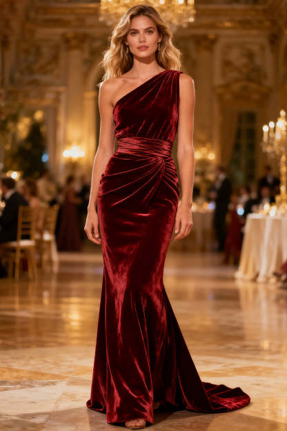 Leely Women Burgundy Velvet Mermaid Maxi Holiday Party Dress Ruched One Shoulder Formal Dress