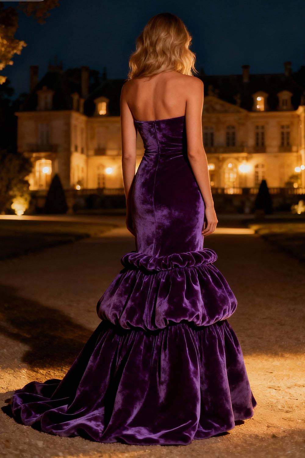 Purple Tiered Velvet Long Mermaid Holiday Party Dress with Ruffles