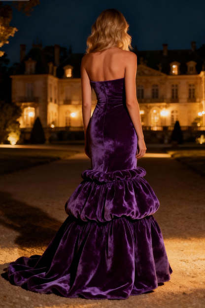 Purple Tiered Velvet Long Mermaid Holiday Party Dress with Ruffles