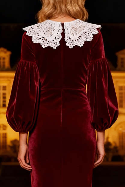 Burgundy Velvet Mermaid Long Holiday Party Dress with Lace
