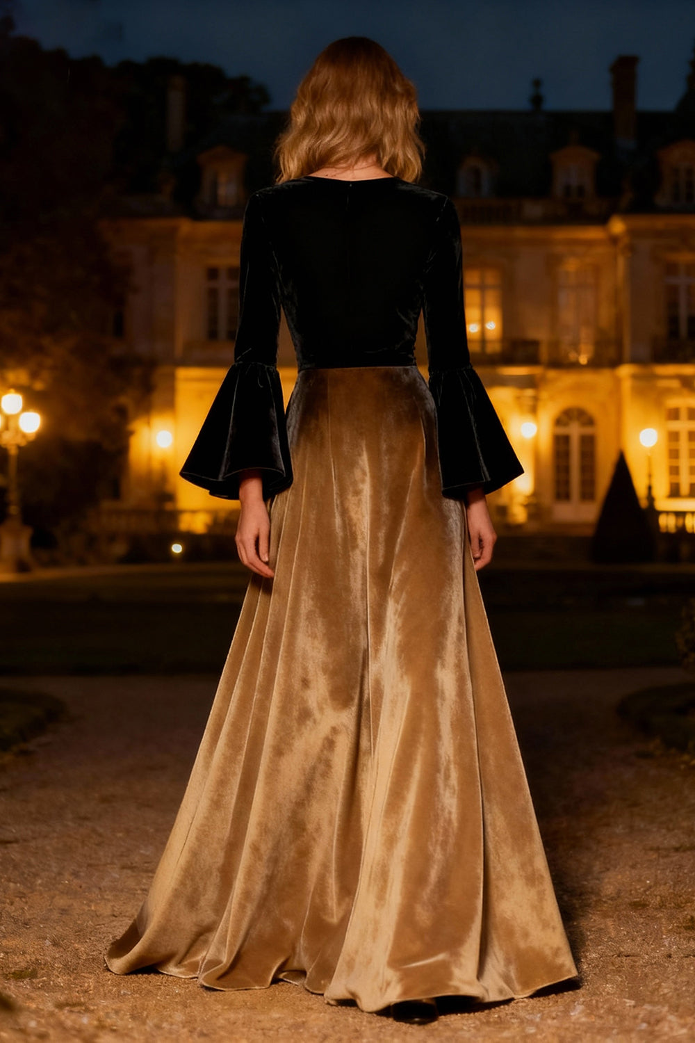 Black Flare Sleeves A-Line Long Velvet Holiday Party Dress