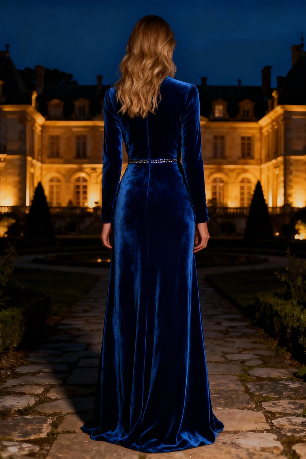 Sparkly Mermaid Royal Blue Long Velvet Holiday Party Dress with Beading