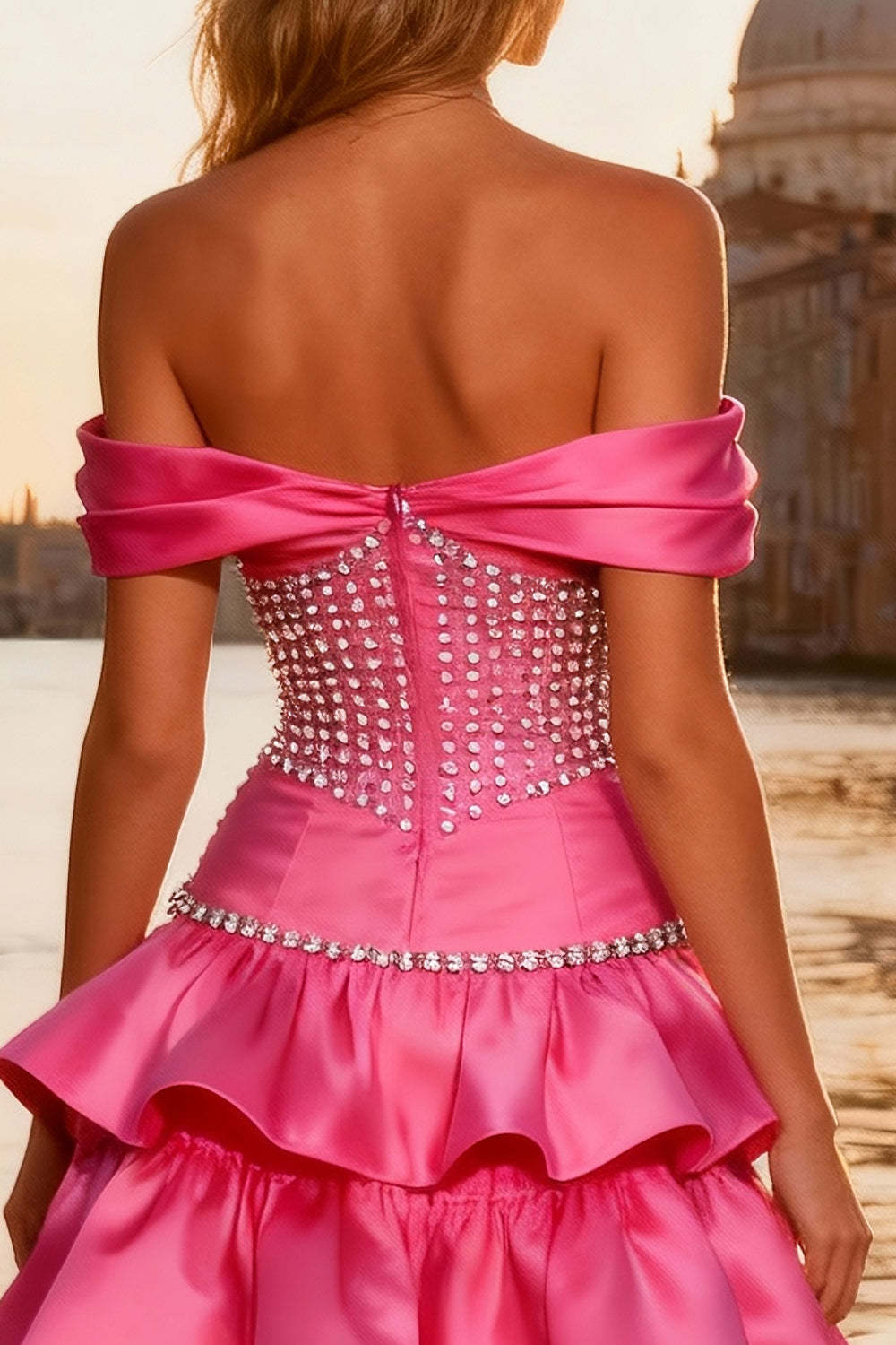 Sparkly Bright Pink Ruffled Long Beaded Prom Dress