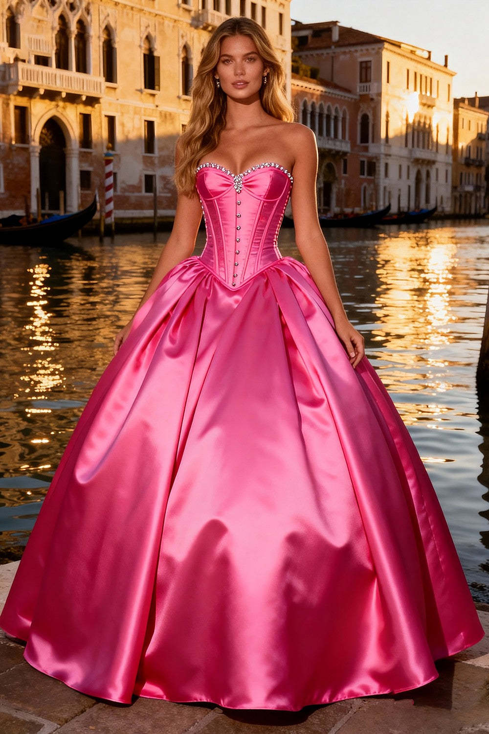 Leely Women Sparkly Bright Pink Corset Maxi Prom Dress Sweetheart Beaded A Line Sweet 16 Dress