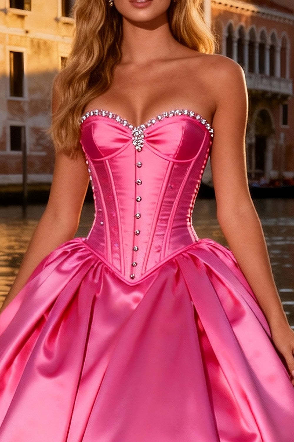 Sparkly Bright Pink Ball Gown Sweetheart Long Corset Prom Dress