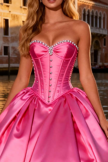 Sparkly Bright Pink Ball Gown Sweetheart Long Corset Prom Dress