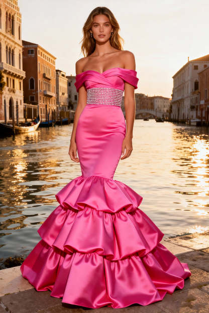 Leely Women Sparkly Bright Pink Ruffled Maxi Prom Dress Tiered Off the Shoulder Mermaid Pageant Dress with Rhinestones