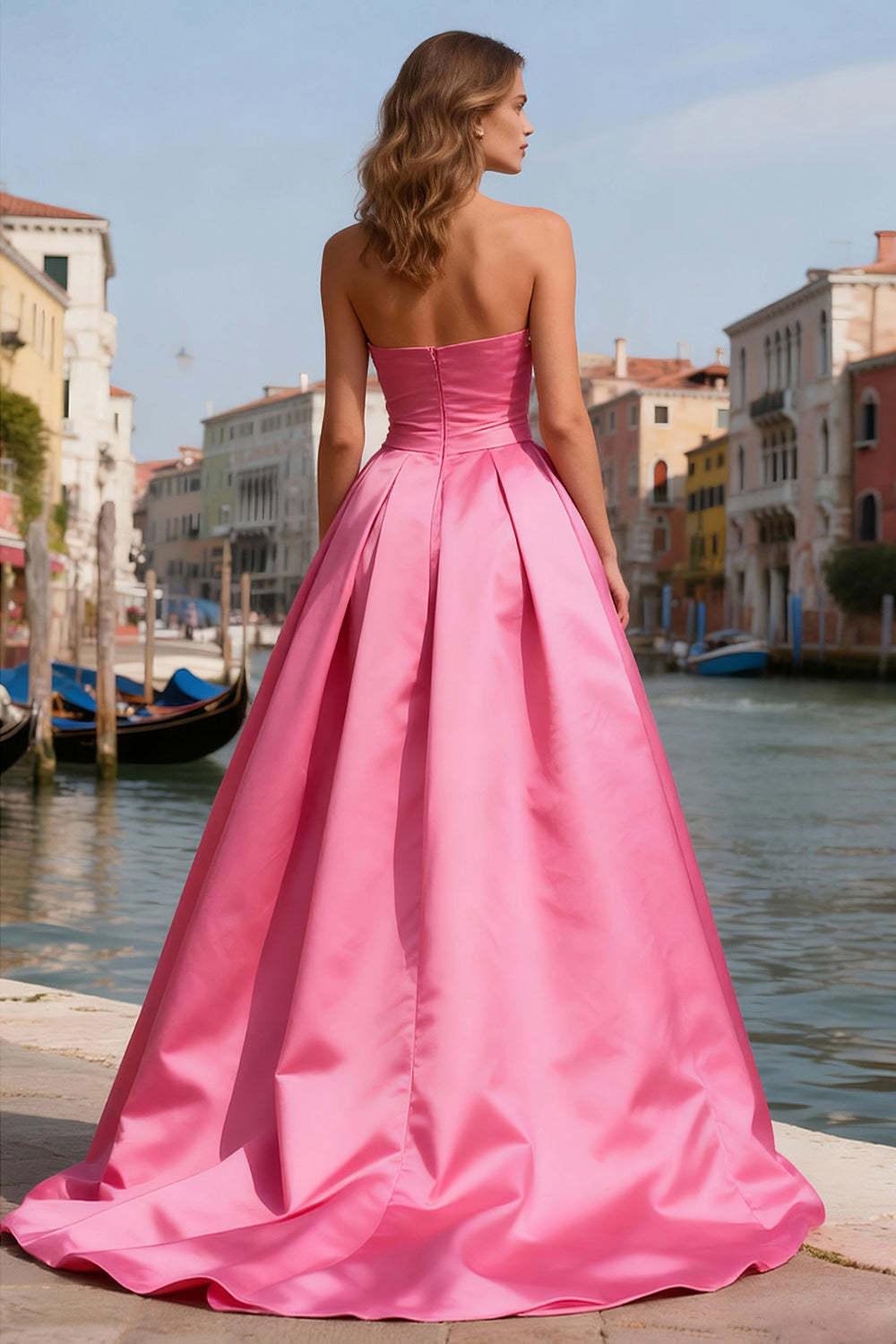 Bright Pink Pearls Strapless Long Prom Dress with Slit