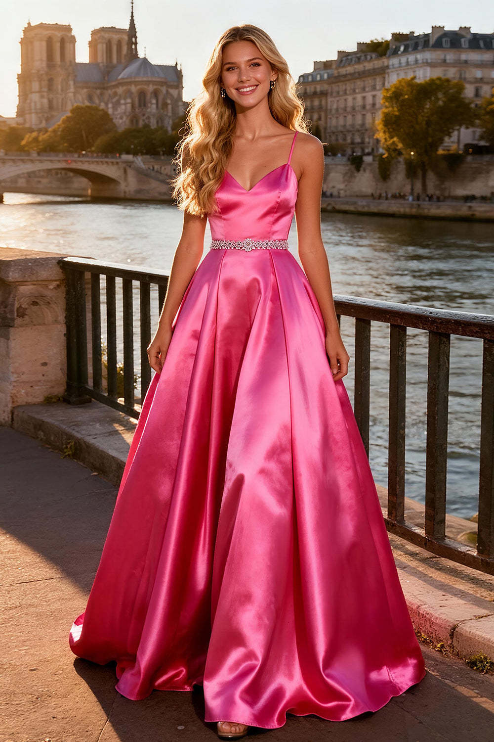 Leely Women Sparkly Bright Pink Maxi Prom Dress Spaghetti Straps Beaded Ruched A Line Pageant Dress with Bow