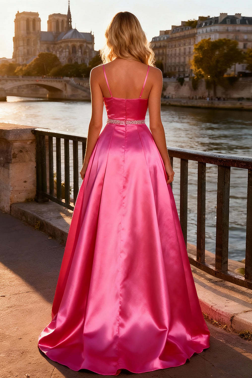 Sparkly Bright Pink A Line Spaghetti Straps Long Prom Dress