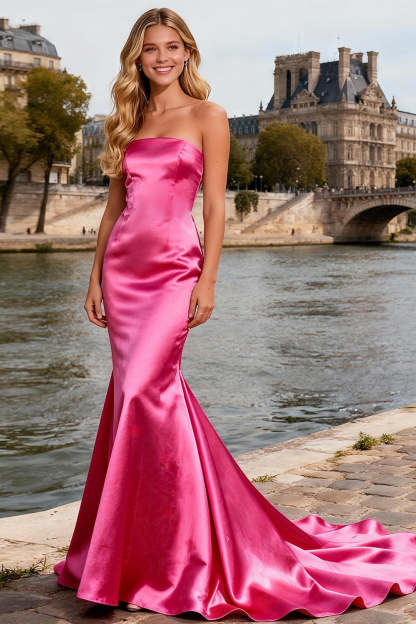 Leely Women Simple Bright Pink Satin Maxi Prom Dress Strapless Mermaid Evening Dress