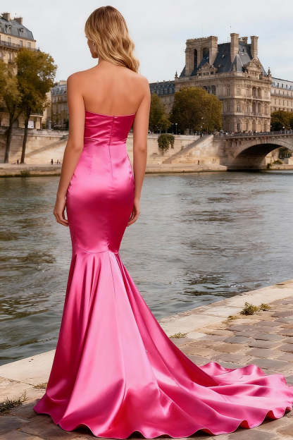 Bright Pink Mermaid Satin Long Prom Dress
