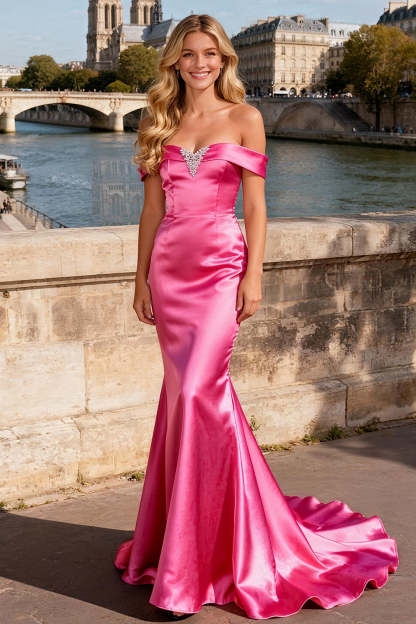 Leely Women Sparkly Bright Pink Satin Maxi Prom Dress Beaded Mermaid Off the Shoulder Formal Dress