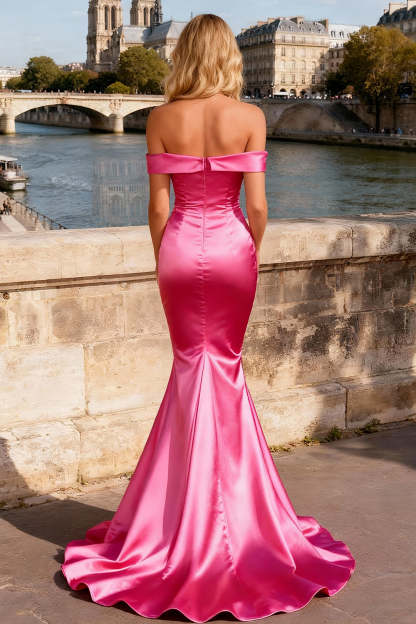 Sparkly Bright Pink Beaded Satin Mermaid Long Prom Dress