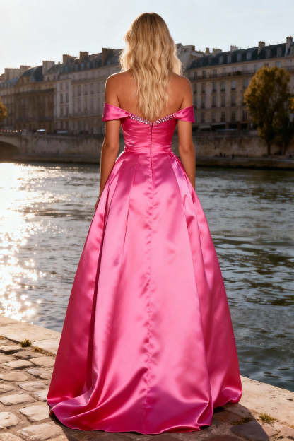 Sparkly Bright Pink A Line Off the Shoulder Long Prom Dress