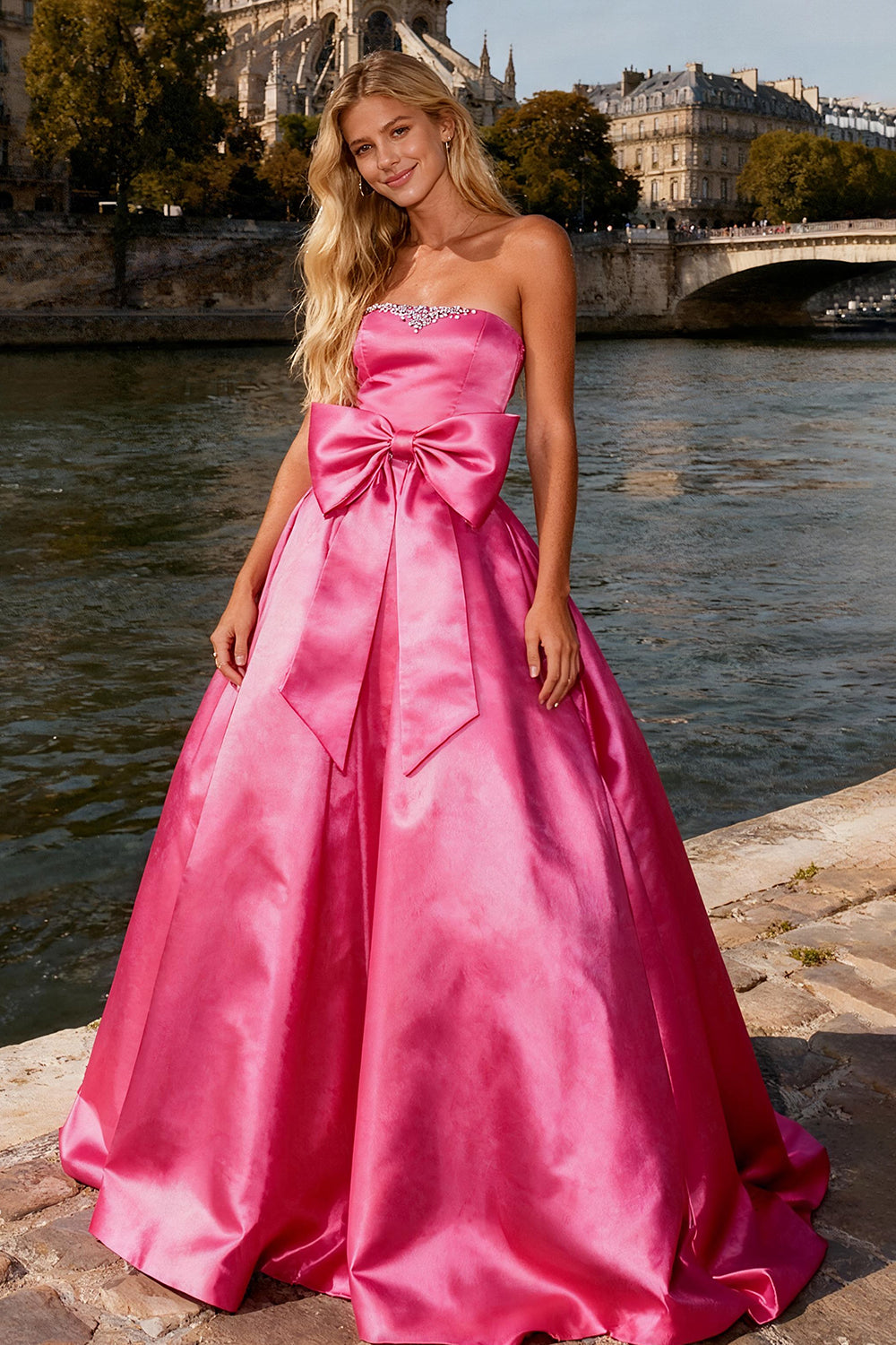 Leely Women Sparkly Bright Pink Maxi Prom Dress with Bow A Line Beaded Strapless Pageant Dress