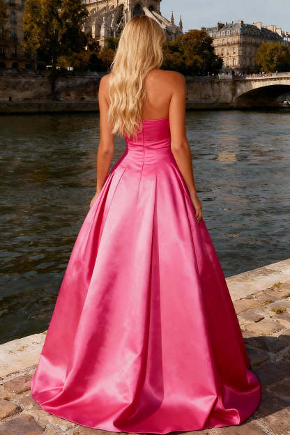 Sparkly Bright Pink Long Strapless Prom Dress with Bow