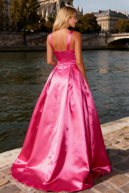Sparkly Bright Pink A Line Thick Straps Long Prom Dress