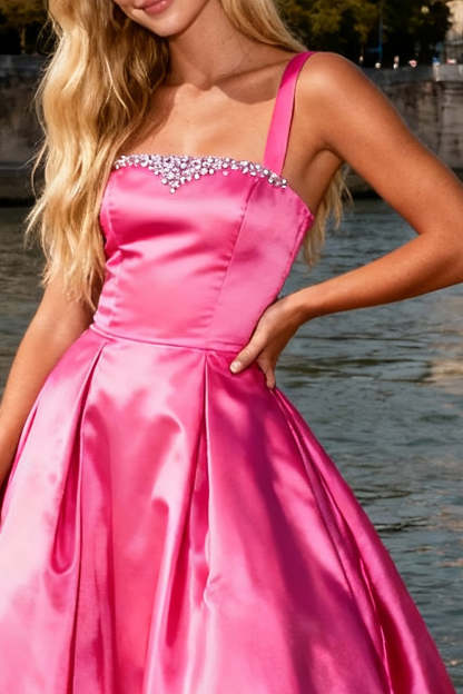 Sparkly Bright Pink A Line Thick Straps Long Prom Dress